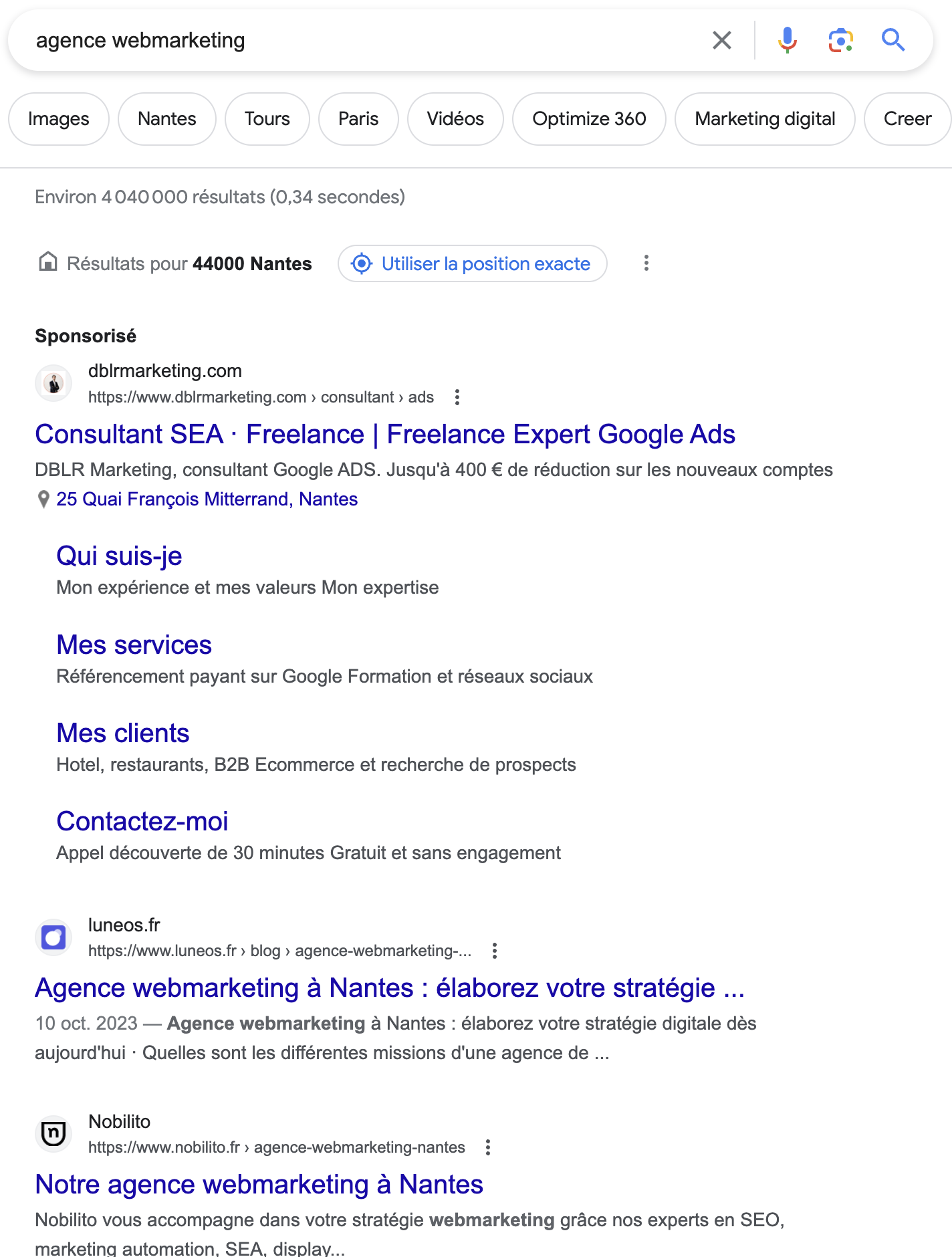 Exemple de recherche sur Google sur le terme "agence marketing"